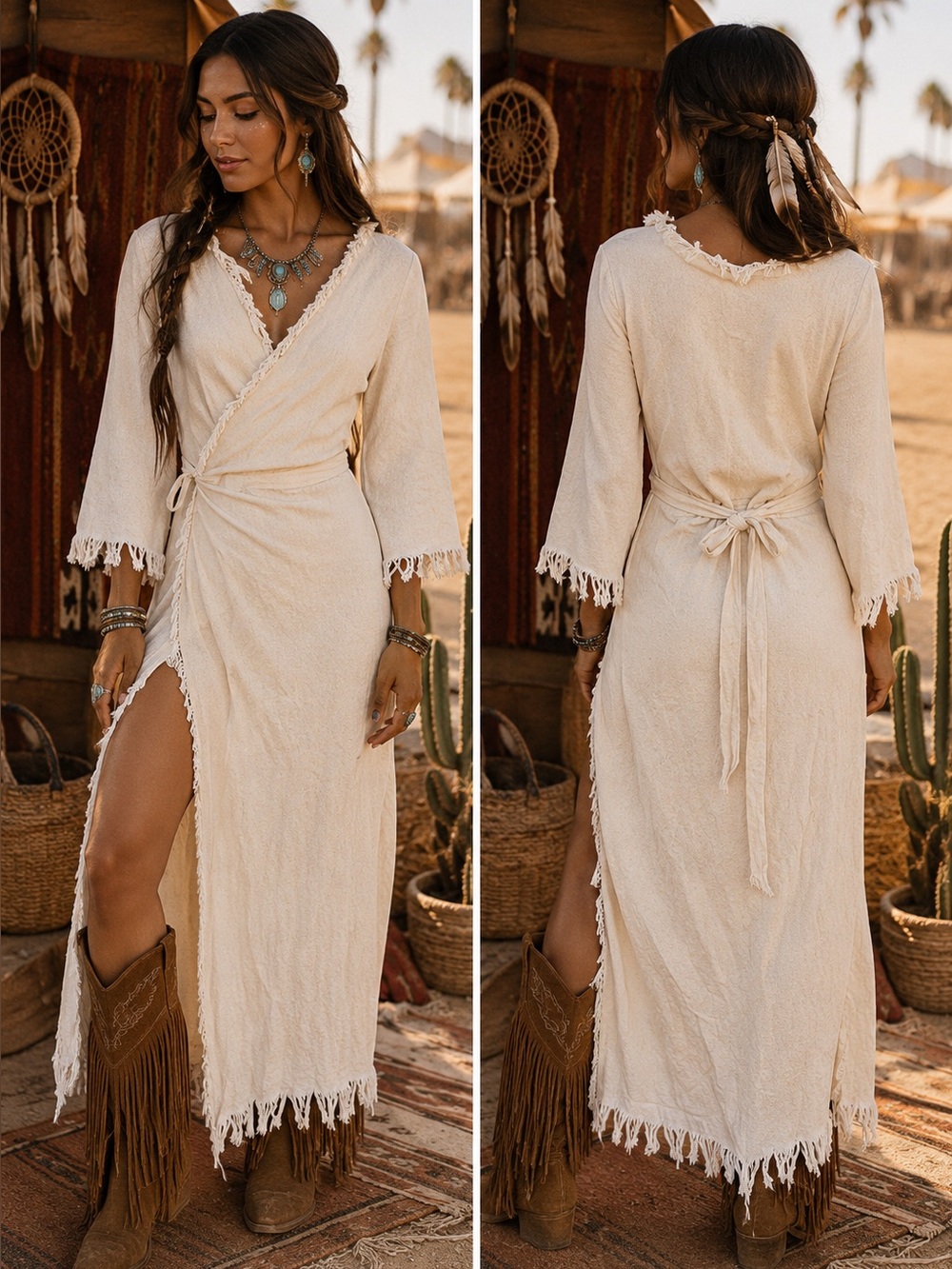Boho Wrap Fringe Maxi Sweater Dress - Cream